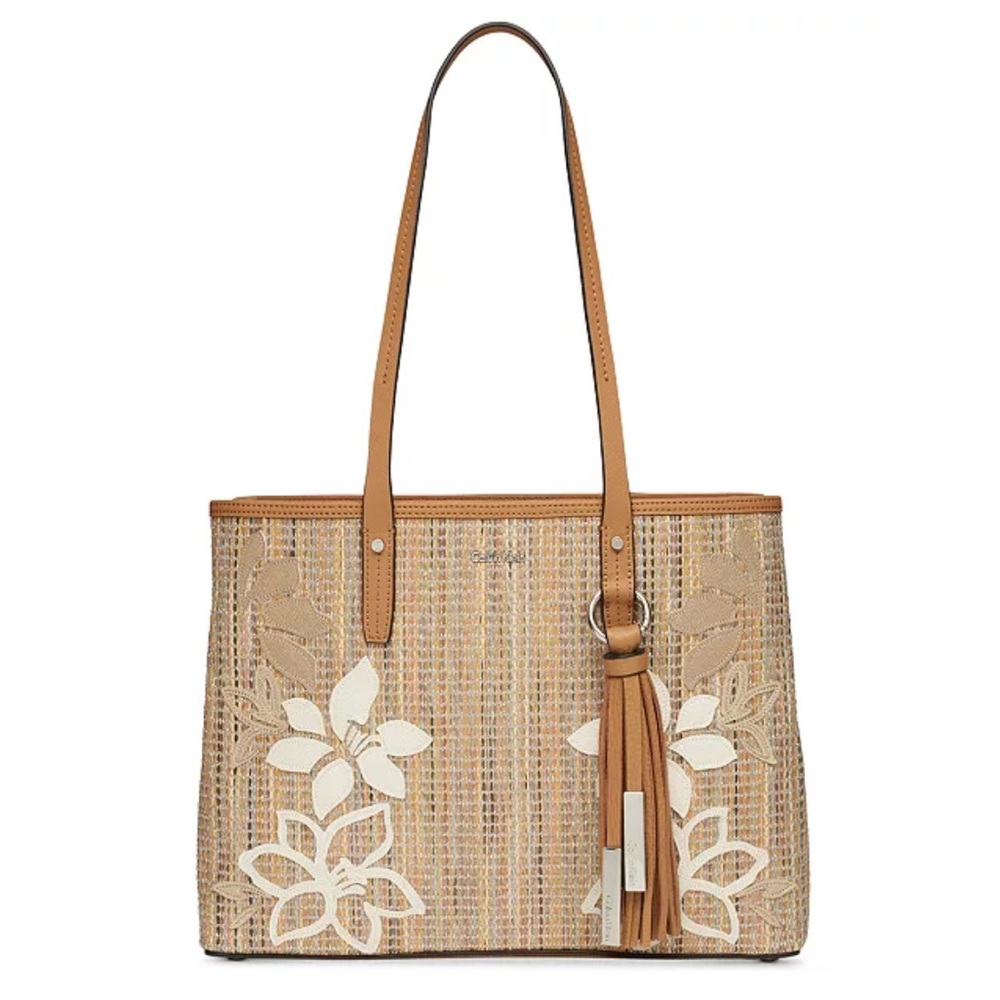 Calvin Klein Maggie Leather Floral Tote Bag with Bag Charm